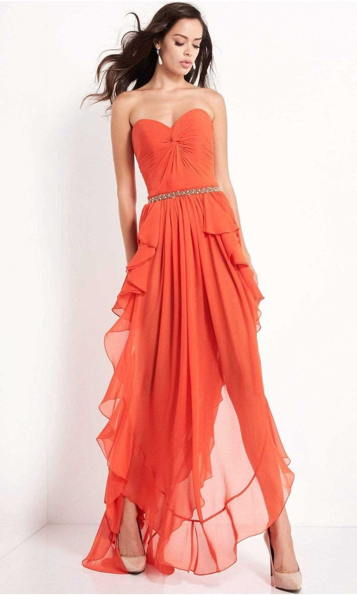 Jovani - 04874 Strapless Ruffle Hem High-Low Chiffon Dress - Orange - Main