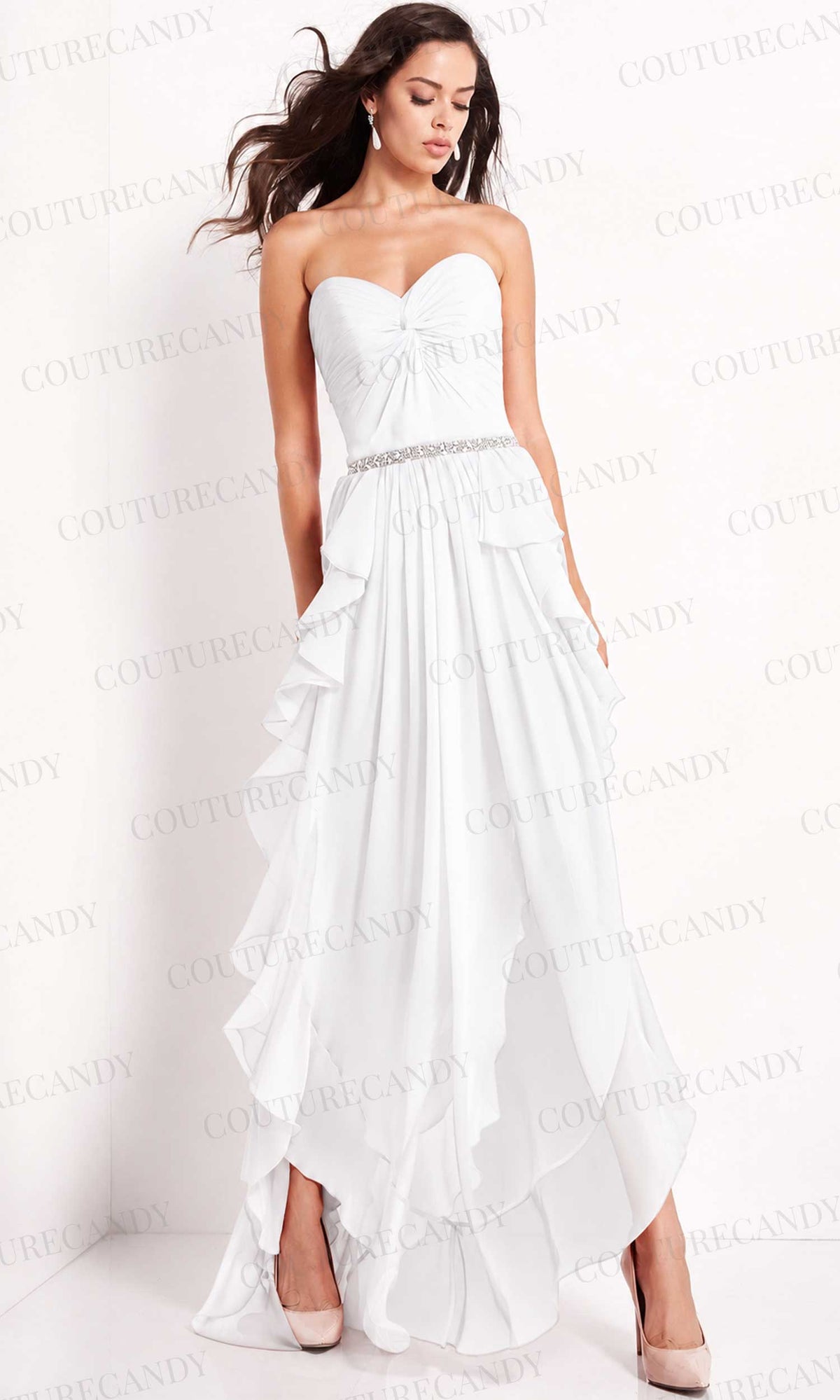 Jovani - 04874 Strapless Ruffle Hem High-Low Chiffon Dress