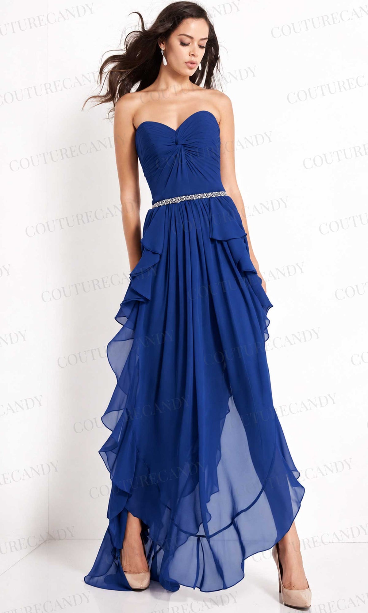 Jovani - 04874 Strapless Ruffle Hem High-Low Chiffon Dress
