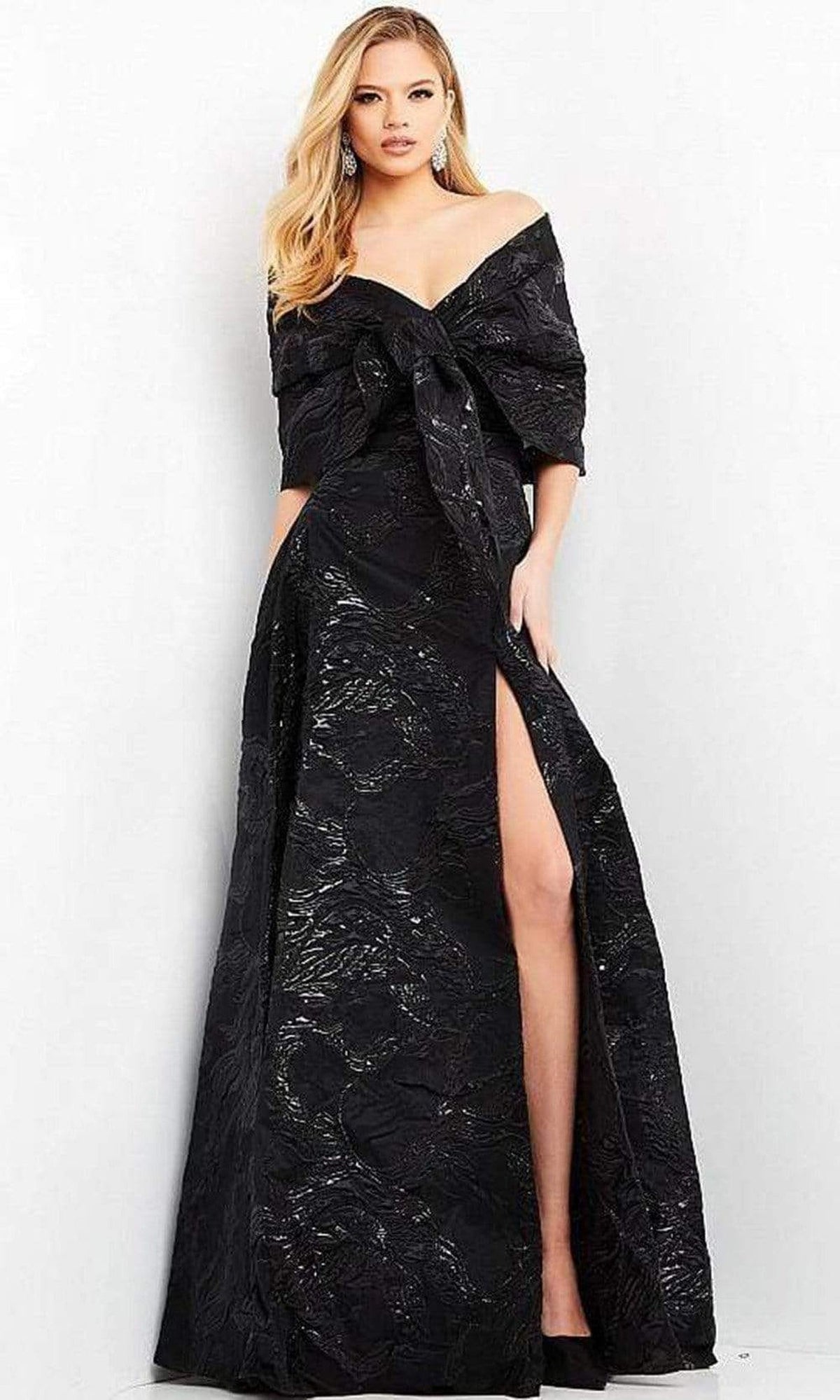 Jovani - 05019 Off Shoulder Jacquard High Slit Gown - Brown - Main