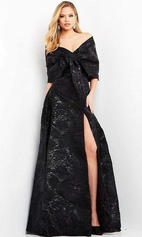 Jovani - 05019 Off Shoulder Jacquard High Slit Gown - Brown - Main