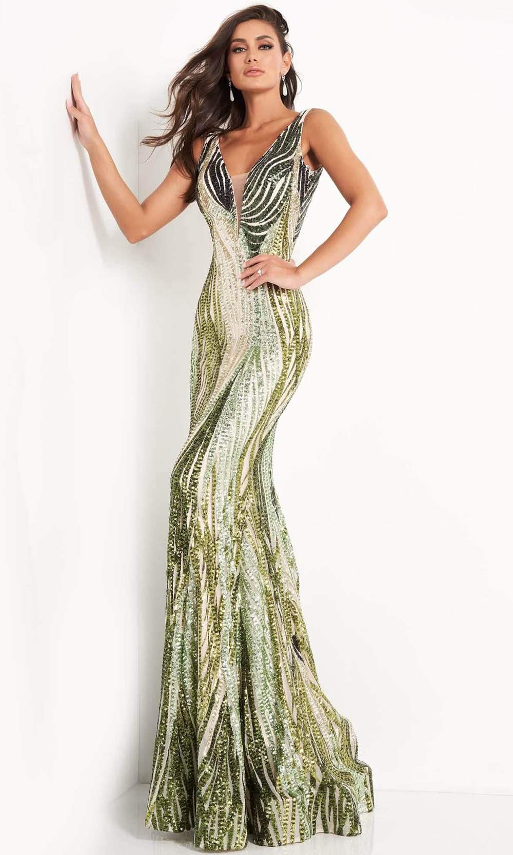 Jovani - 05103 Sequin Plunging V Neck Junior Prom Gown - Green - Main