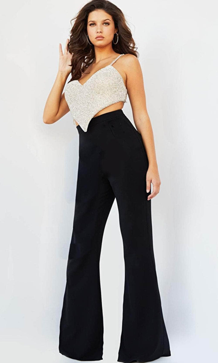 Jovani 05307 - Two Piece Heart-Shaped Bell Bottom Pantsuit - Black - Main