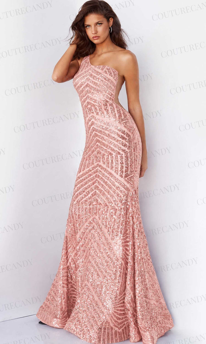 Jovani - 06017 Geometric Sequined Gown - Red - Main
