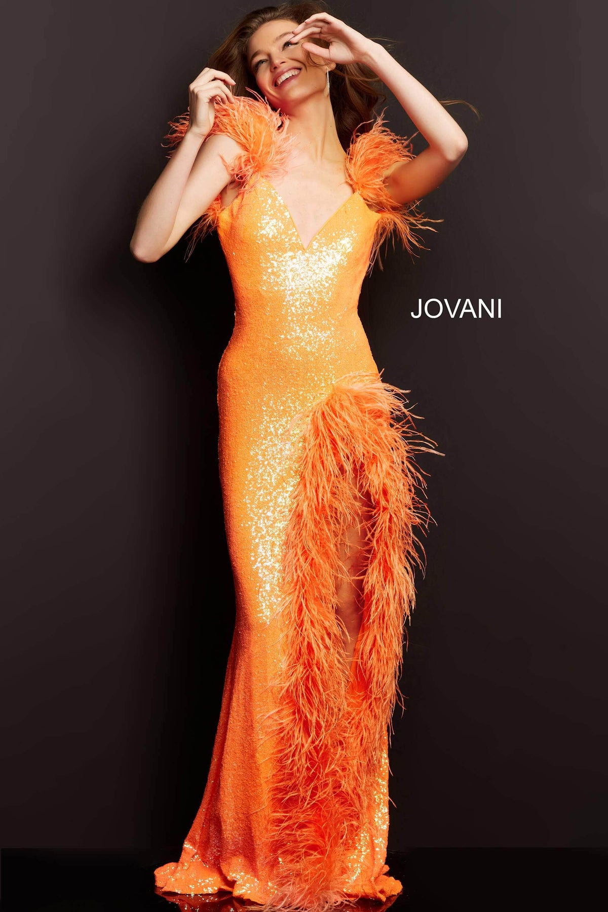Jovani - 06164 Feather Trimmed High Slit Long Dress