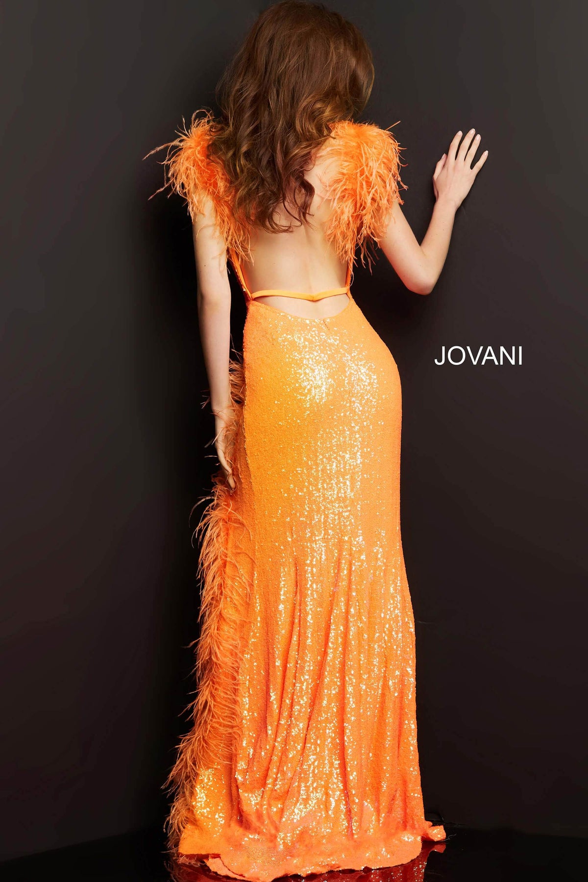 Jovani - 06164 Feather Trimmed High Slit Long Dress