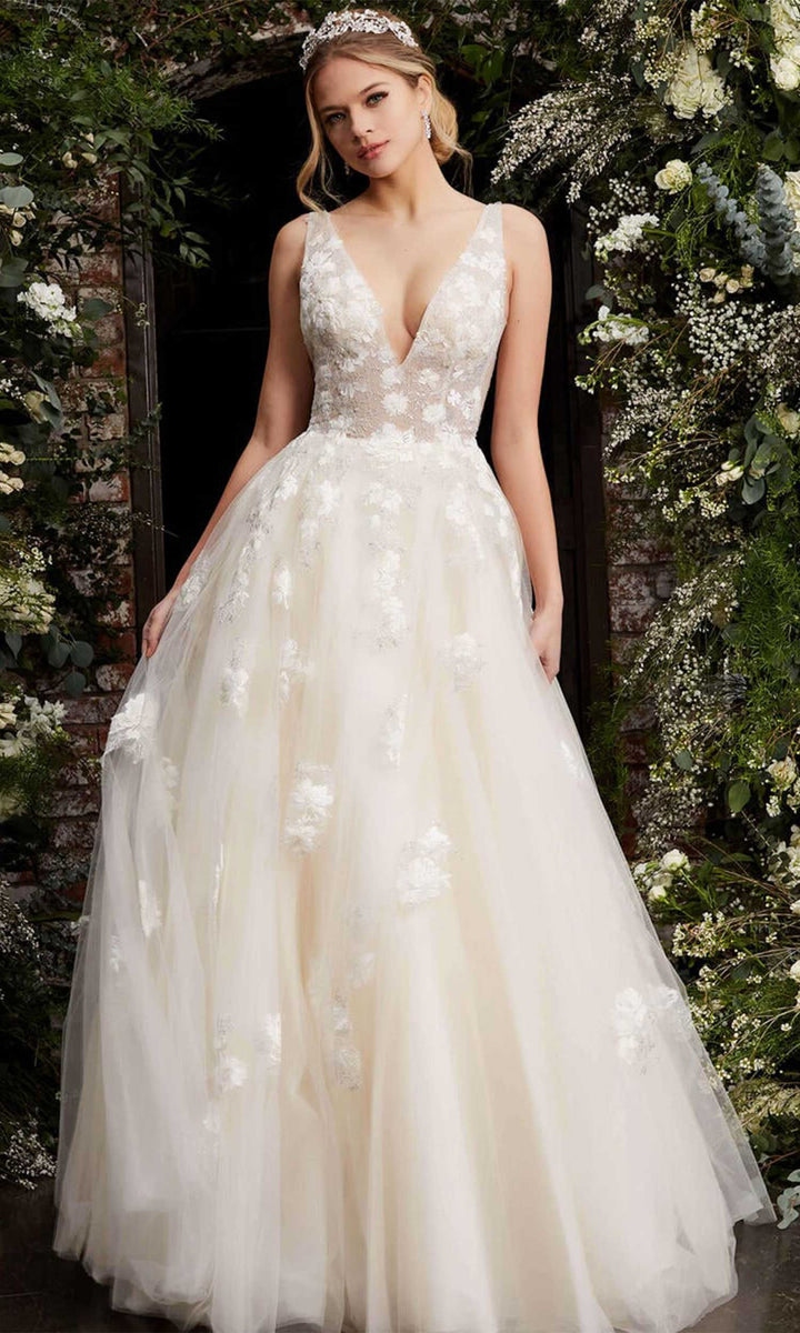 Jovani - 06286 Sheer Floral Applique Bodice Tulle Ballgown - Cream - Main