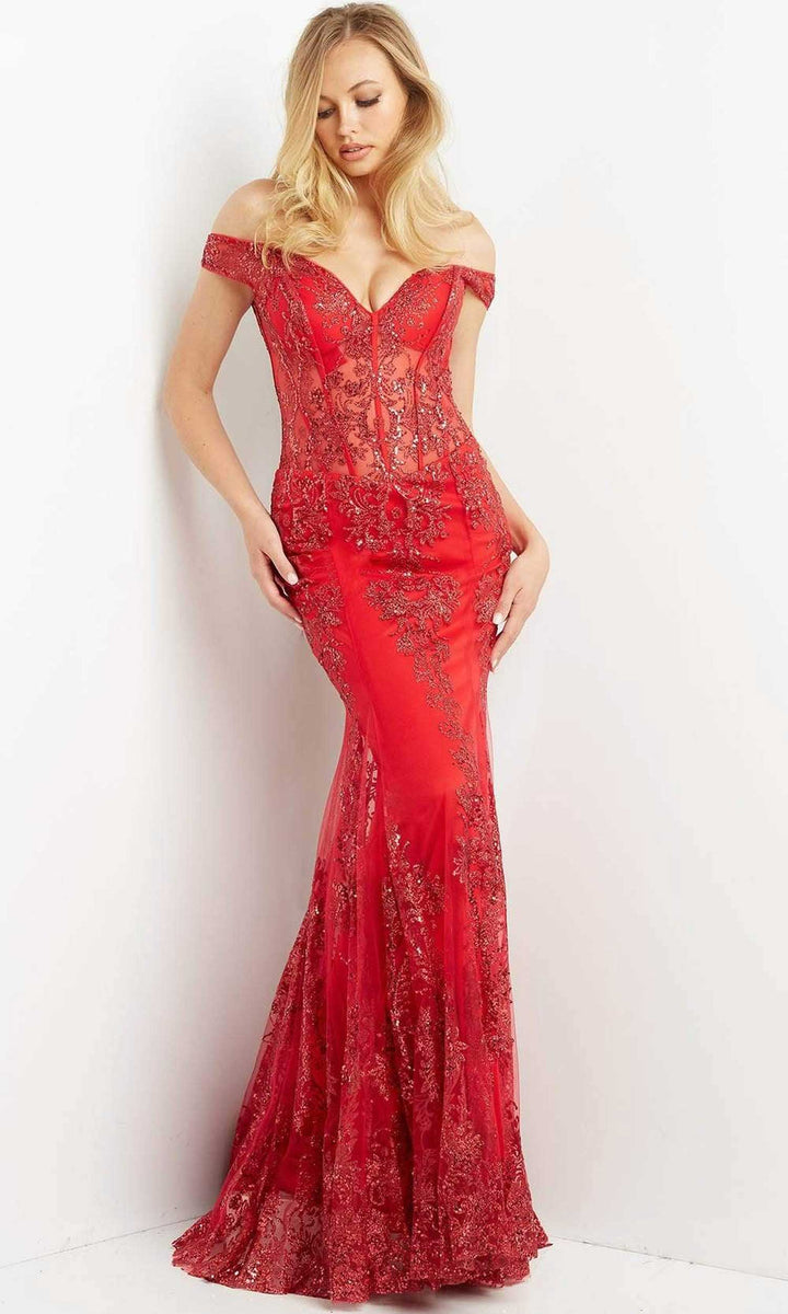 Jovani - 06369 Off Shoulder Embellished Mermaid Gown - Red - Main