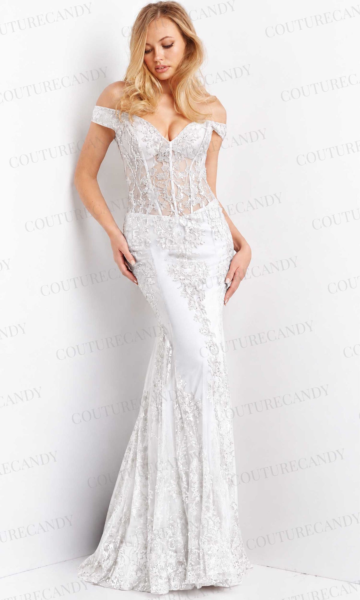 Jovani - 06369 Off Shoulder Embellished Mermaid Gown