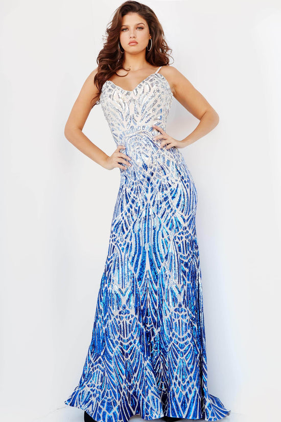 Jovani - 06450 Two Tone Sequined V Neck Trumpet Dress
