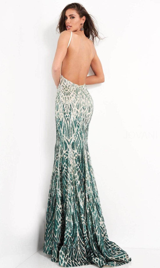 Jovani - 06450 Two Tone Sequined V Neck Trumpet Dress