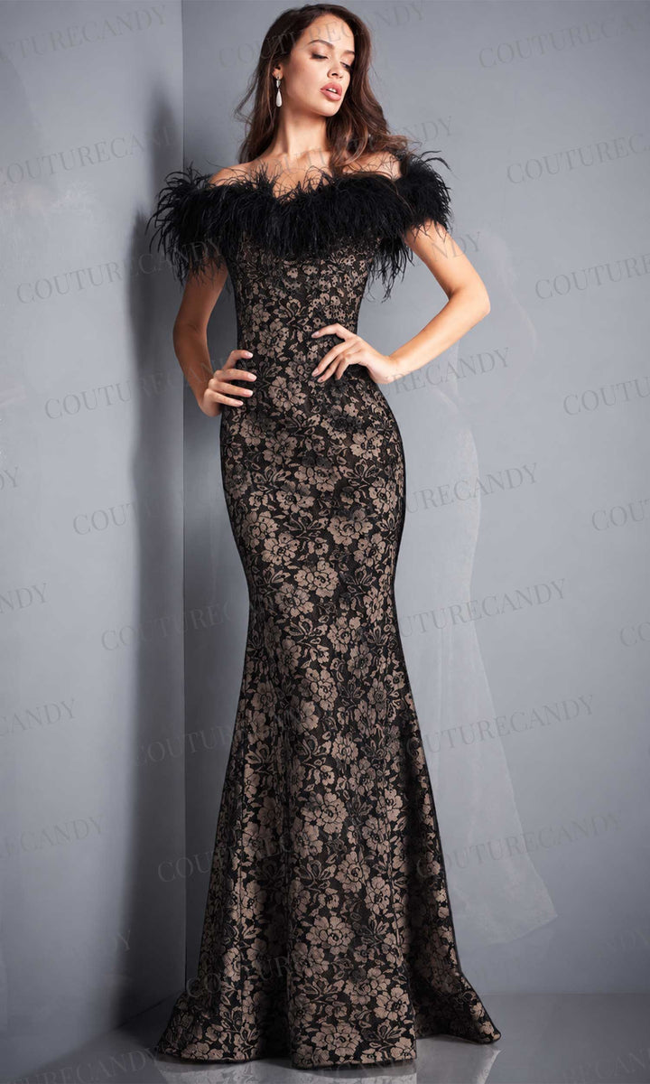 Jovani - 06451 Feather Off-Shoulder Allover Lace Mermaid Gown - Ivory - Main