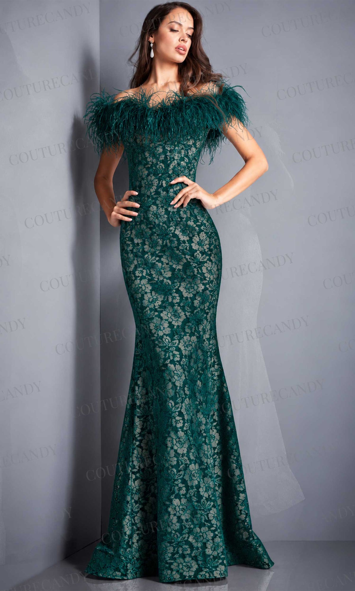 Jovani - 06451 Feather Off-Shoulder Allover Lace Mermaid Gown