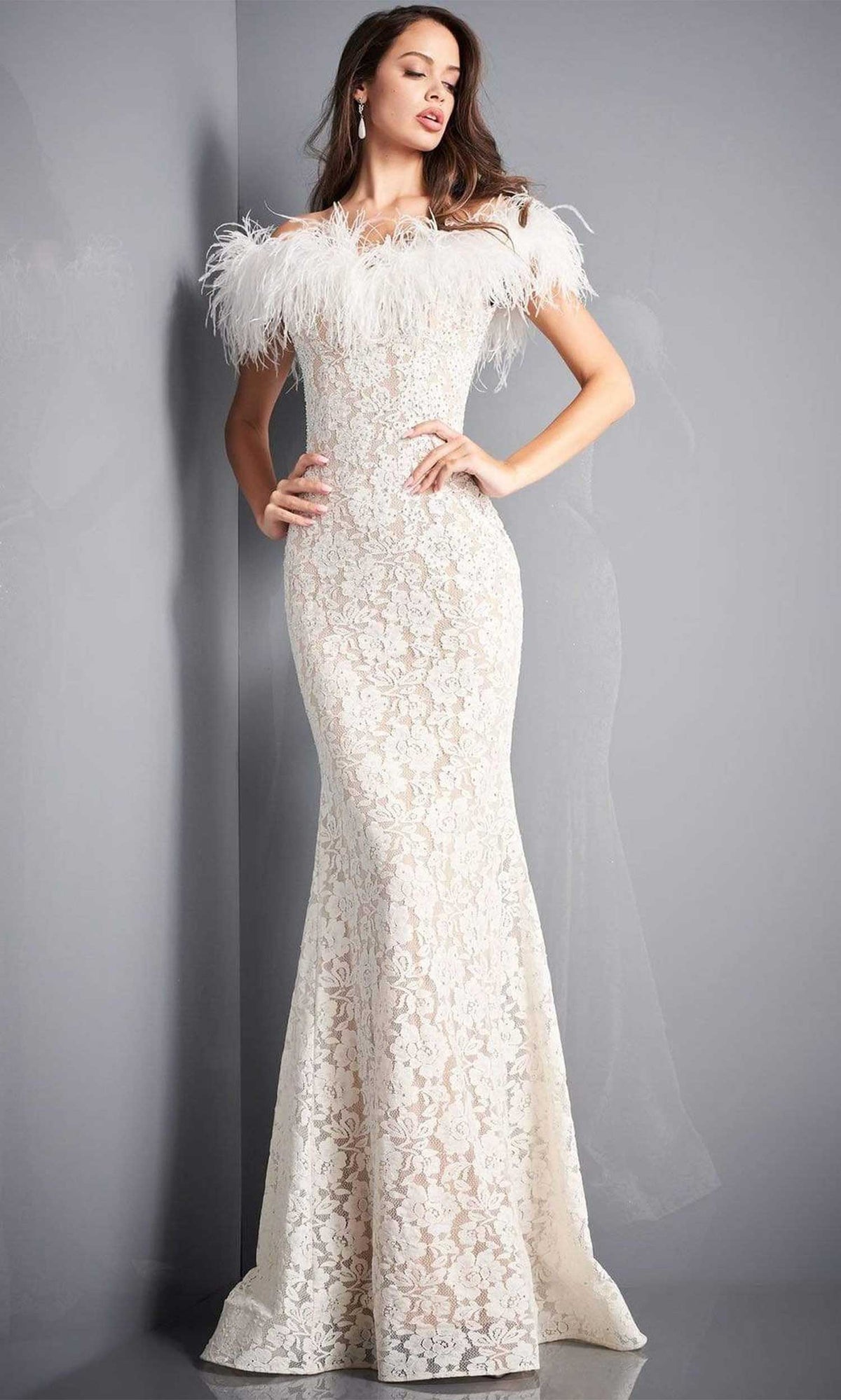 Jovani - 06451 Feather Off-Shoulder Allover Lace Mermaid Gown - Ivory - Main