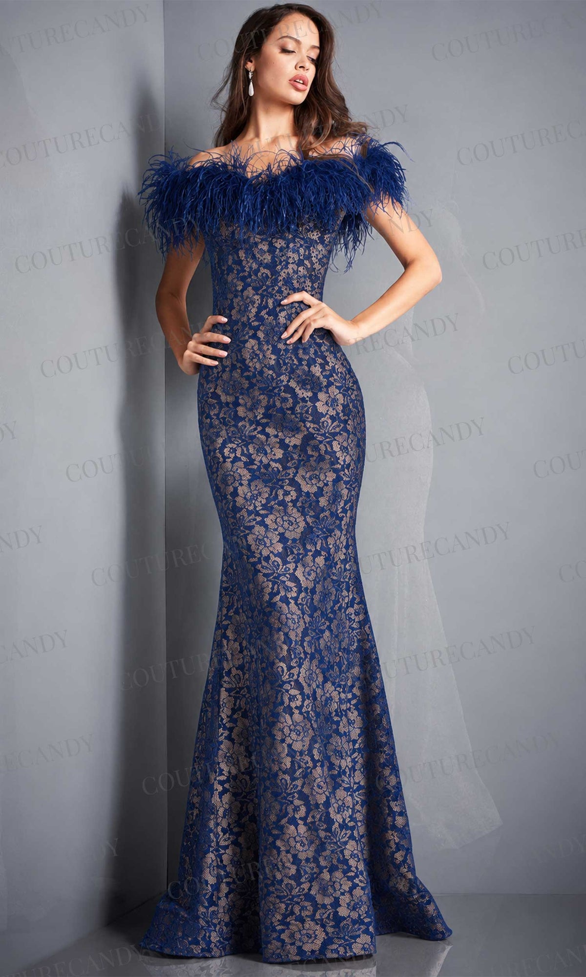 Jovani - 06451 Feather Off-Shoulder Allover Lace Mermaid Gown