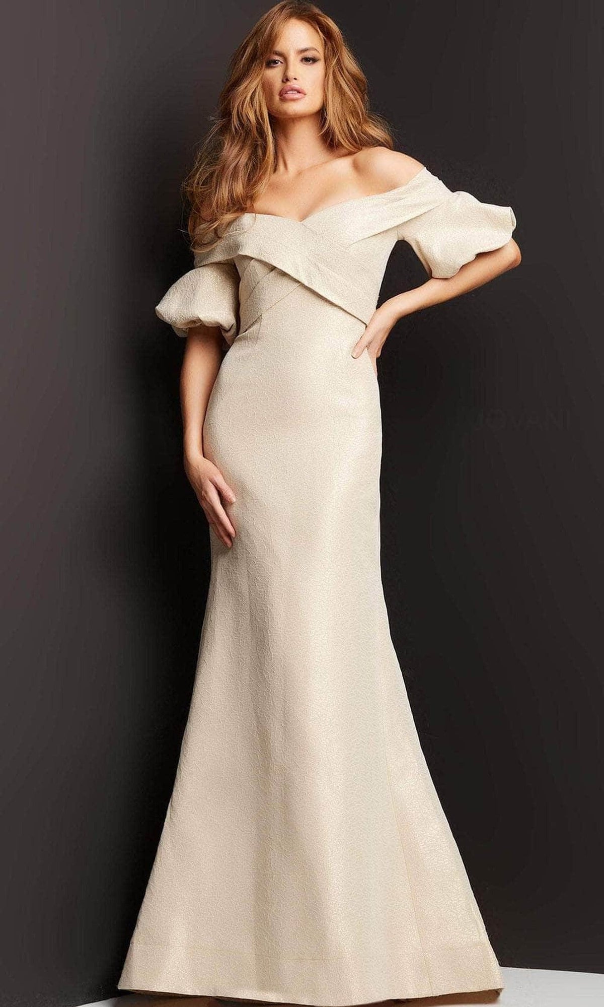 Jovani - Puffed Sleeve Pleated Formal Gown 06831SC - Champagne - Main