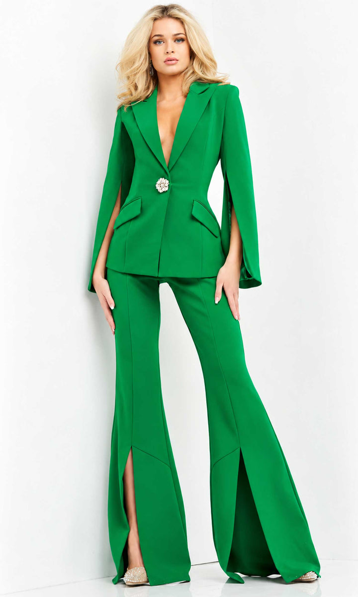 Jovani - 06922 Two Piece Collared Pantsuit - Emerald - Main