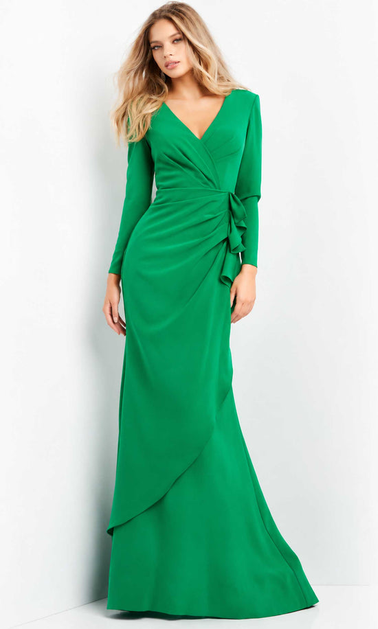 Jovani - V-Neck Trumpet Evening Dress 06995SC - Emerald - Main