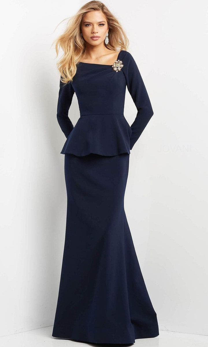 Jovani 07131 - Peplum Long Sleeve Evening Gown - Navy - Main