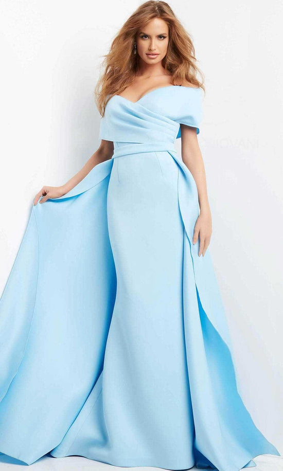 Jovani 07443 - Draped Off Shoulder Overskirt Evening Dress - Light-Blue - Main