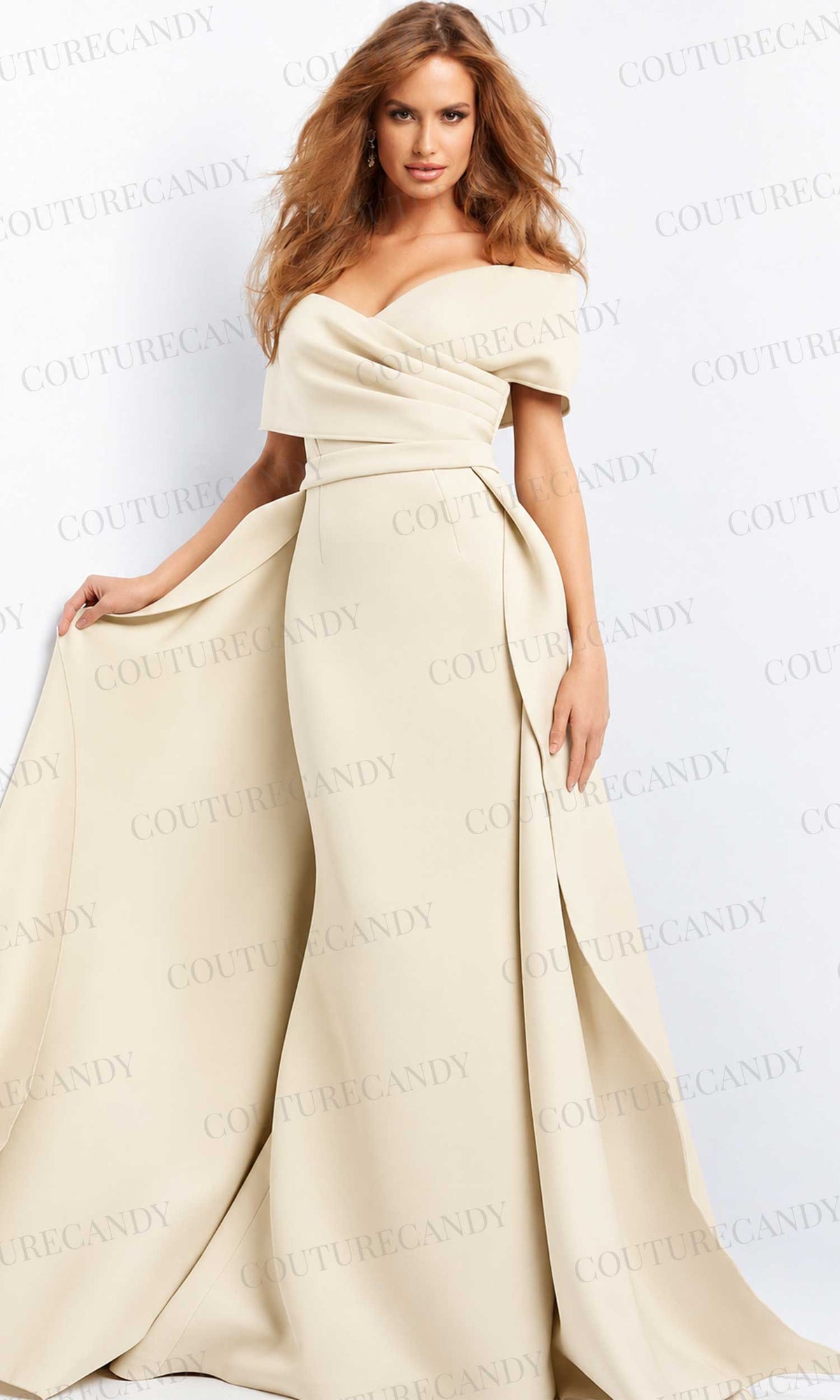 Jovani 07443 - Draped Off Shoulder Overskirt Evening Dress