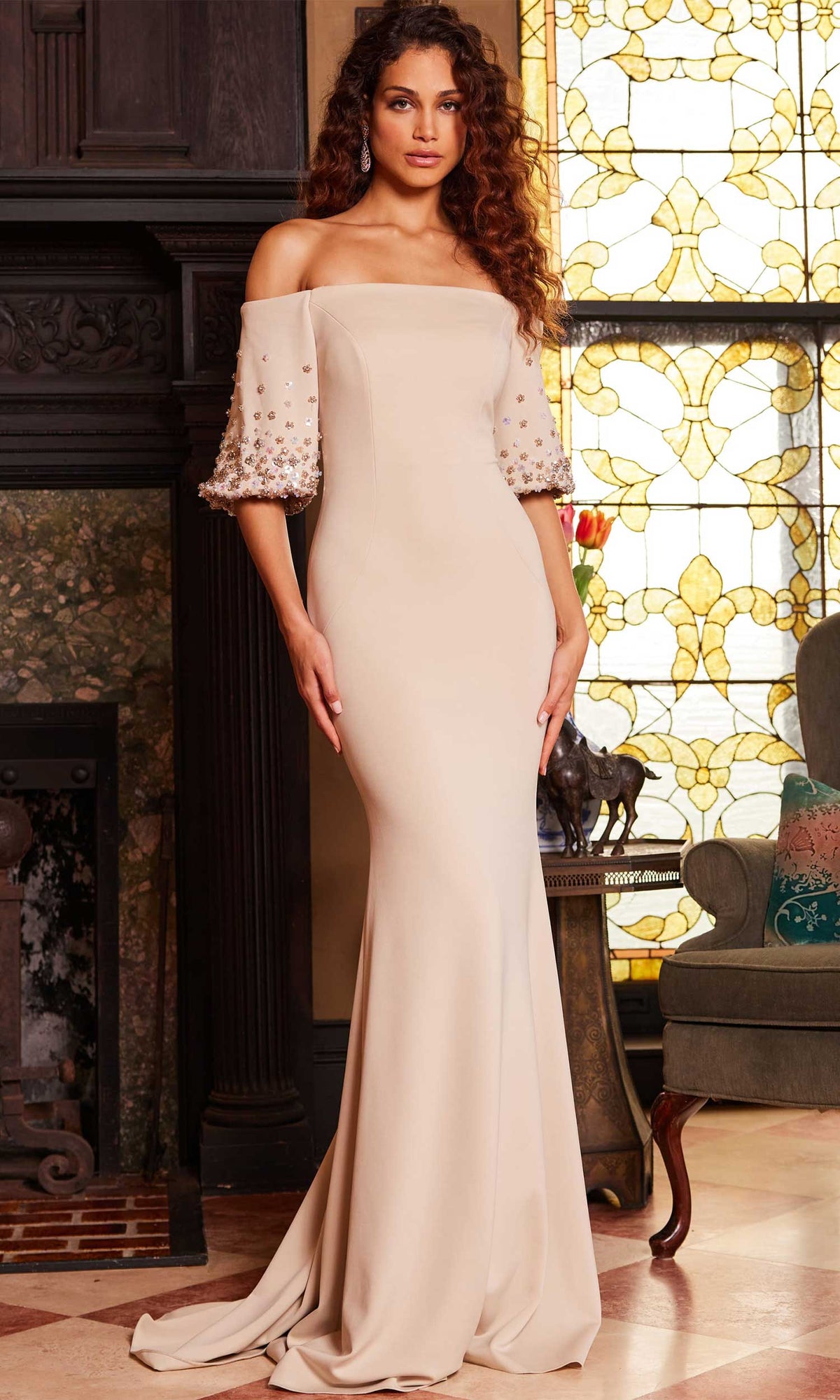 Jovani 09516 - Straight Across Neck Evening Dress - Champagne - Main
