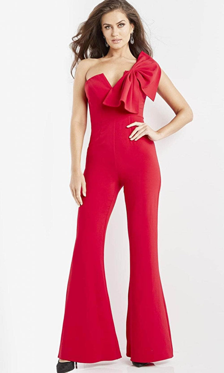 Jovani 09525 - V-Neck Single Strap Jumpsuit - Red - Main