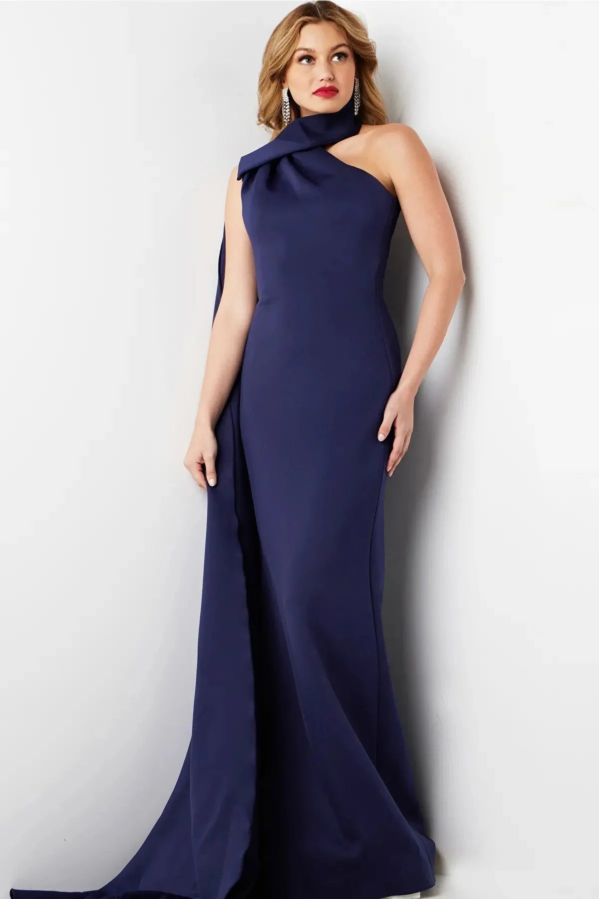 Jovani 09709 - Cascading Sash Sheath Evening Dress