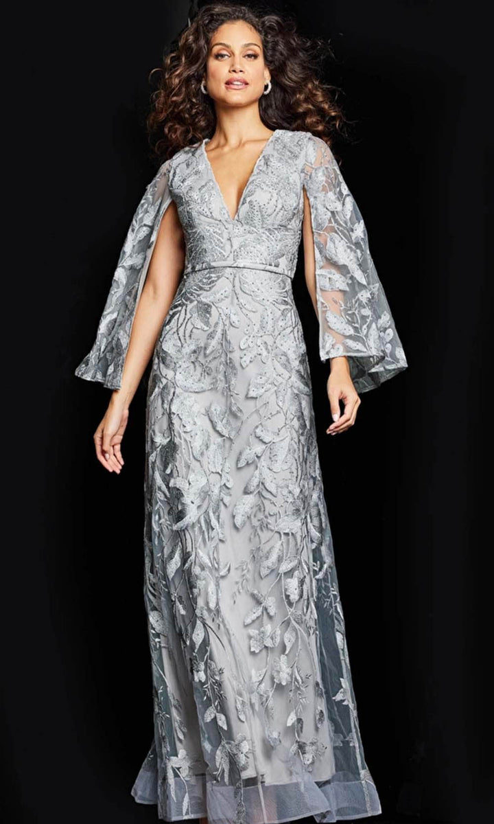 Jovani 09809 - Split Sleeve Lace Evening Dress - Silver - Main