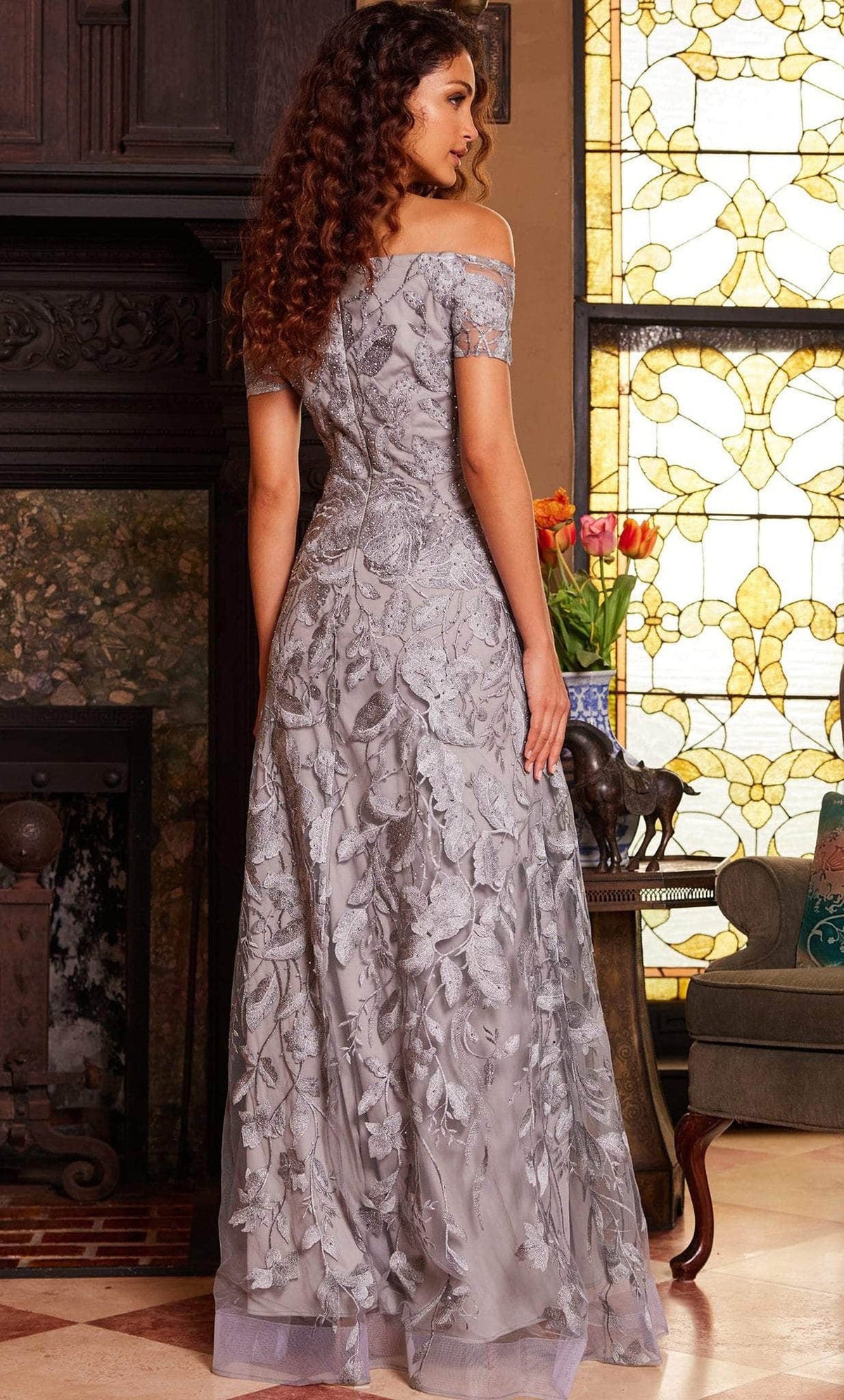 Jovani 09810 - Off Shoulder Metallic Lace Evening Gown