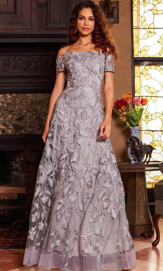 Jovani 09810 - Off Shoulder Metallic Lace Evening Gown - Grey - Main