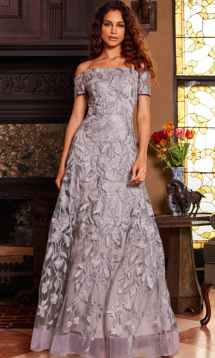 Jovani 09810 - Off Shoulder Metallic Lace Evening Gown - Grey - Main