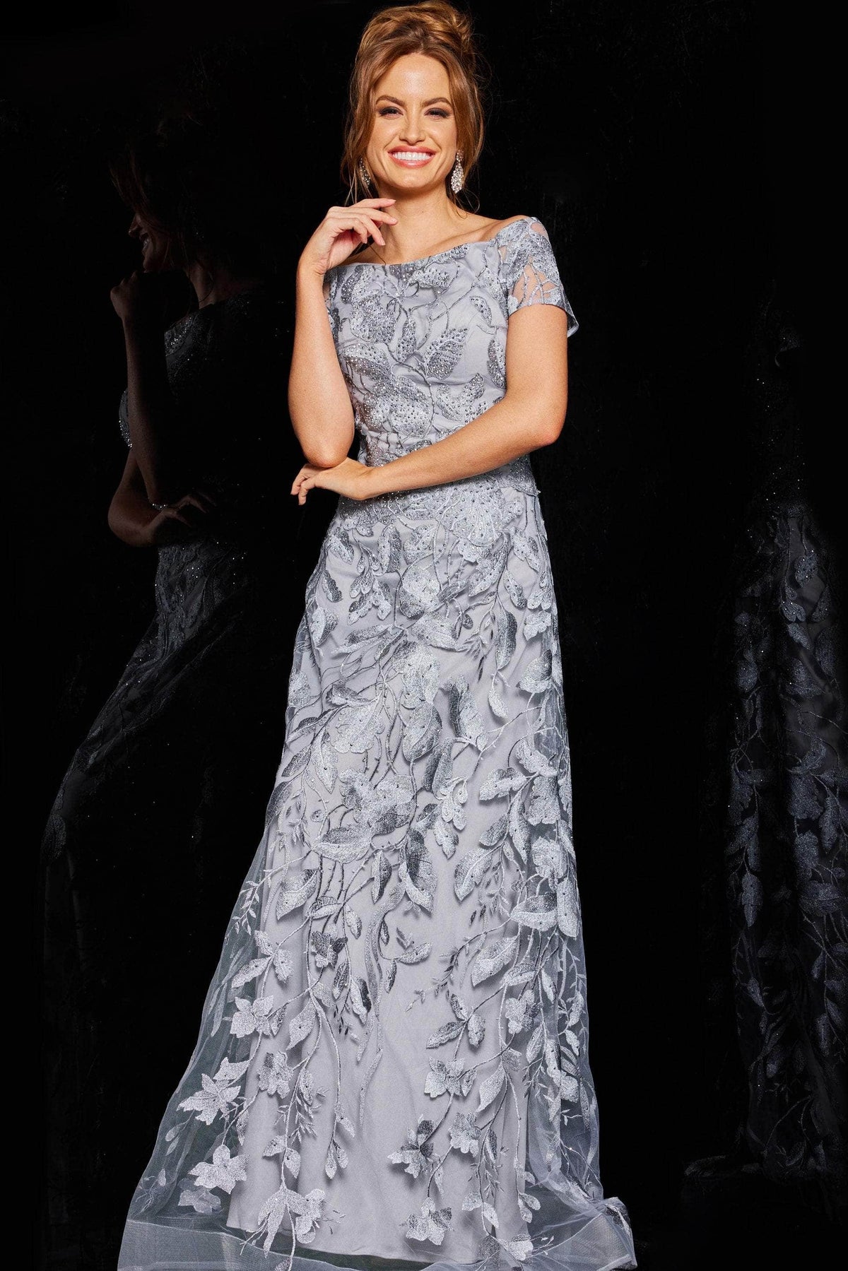 Jovani 09810 - Off Shoulder Metallic Lace Evening Gown