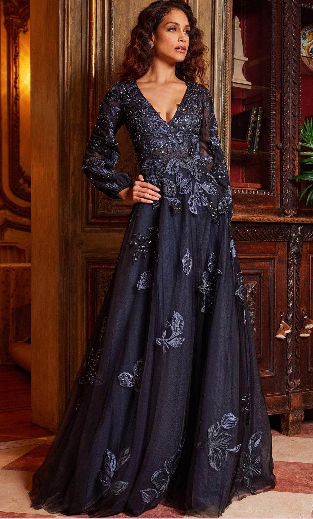 Jovani 09943 - Embroidered Deep V-Neck Evening Gown