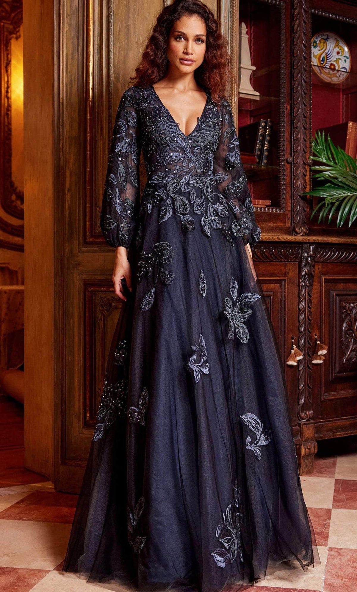 Jovani 09943 - Embroidered Deep V-Neck Evening Gown - Navy - Main