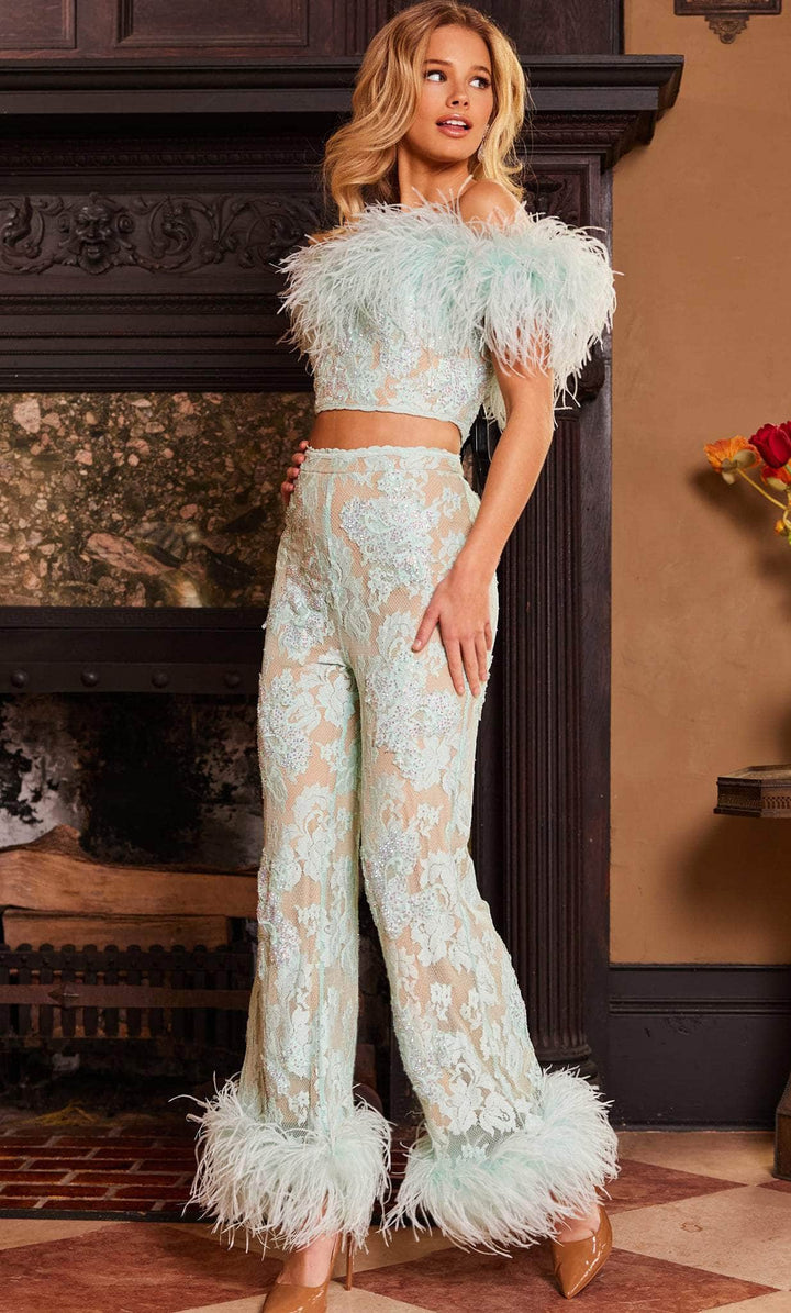 Jovani 22350 - Two Piece Off-Shoulder Pant Suit - Aqua - Main