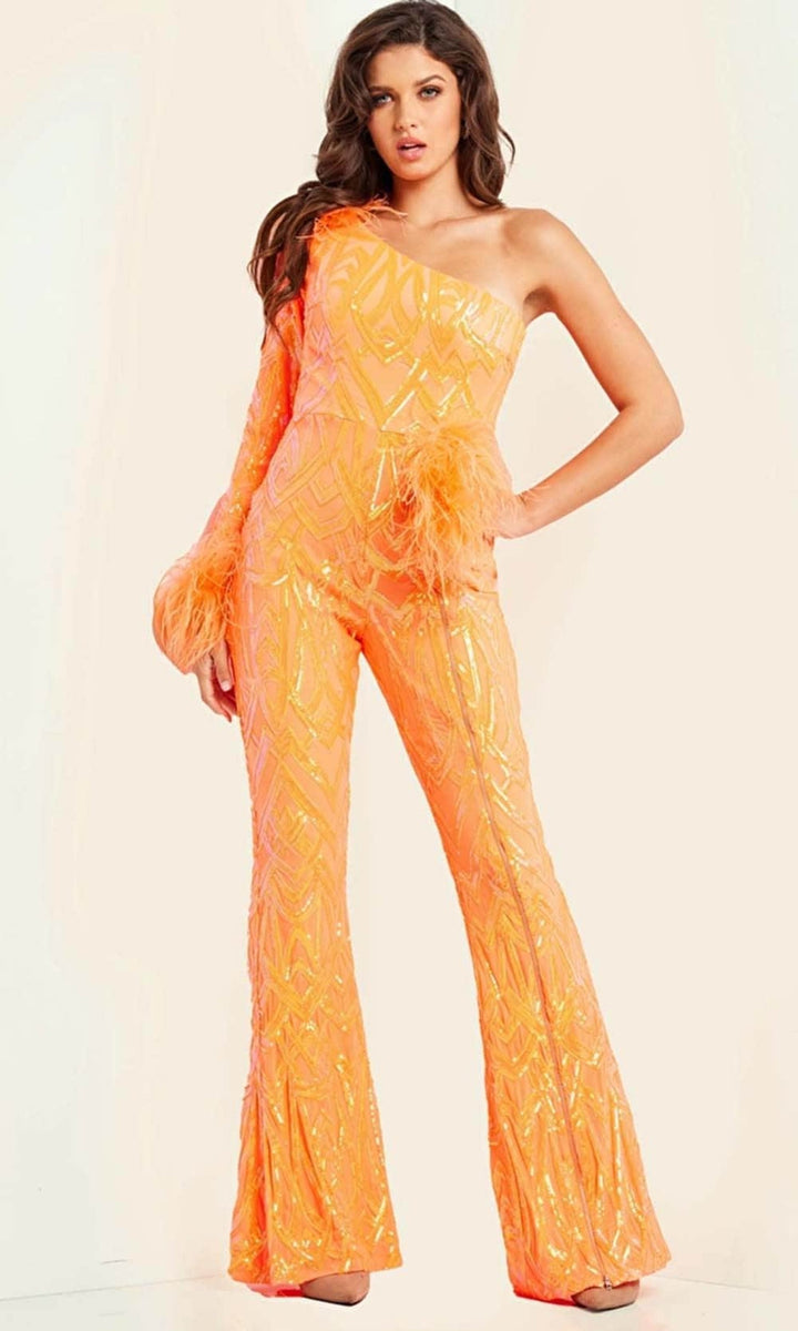 Jovani 23026 - Feather Ornate Beaded Jumpsuit - Orange - Main