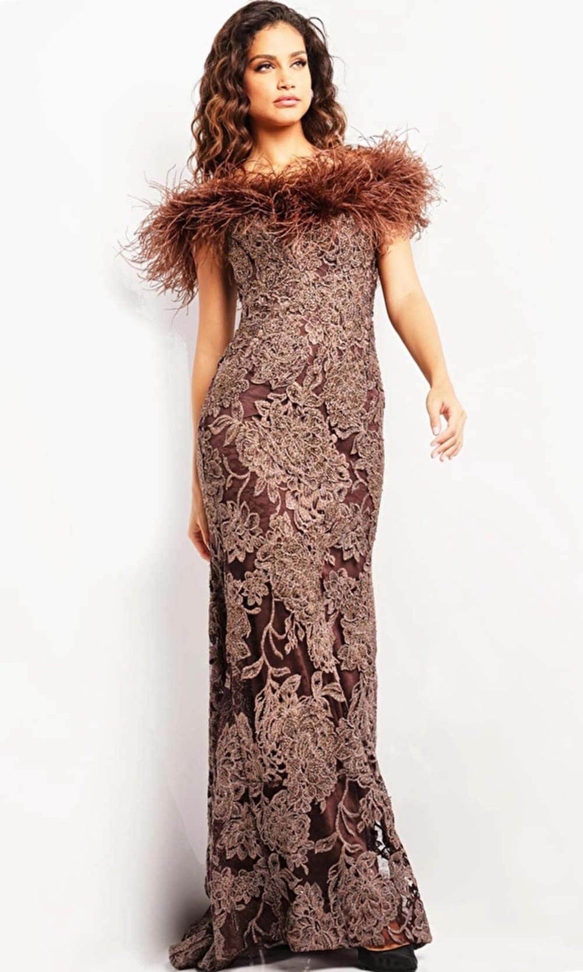Jovani 23030 - Lace Evening Dress with Feather Fringes - Navy - Main