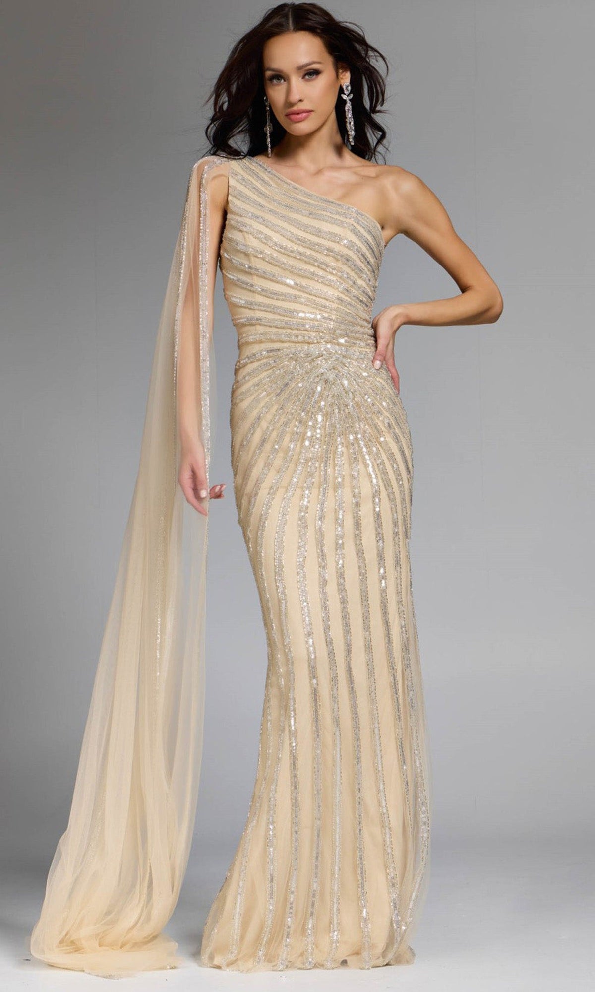 Jovani 23774 - Asymmetric Neck Sequin Sheath Gown - Nude - Main