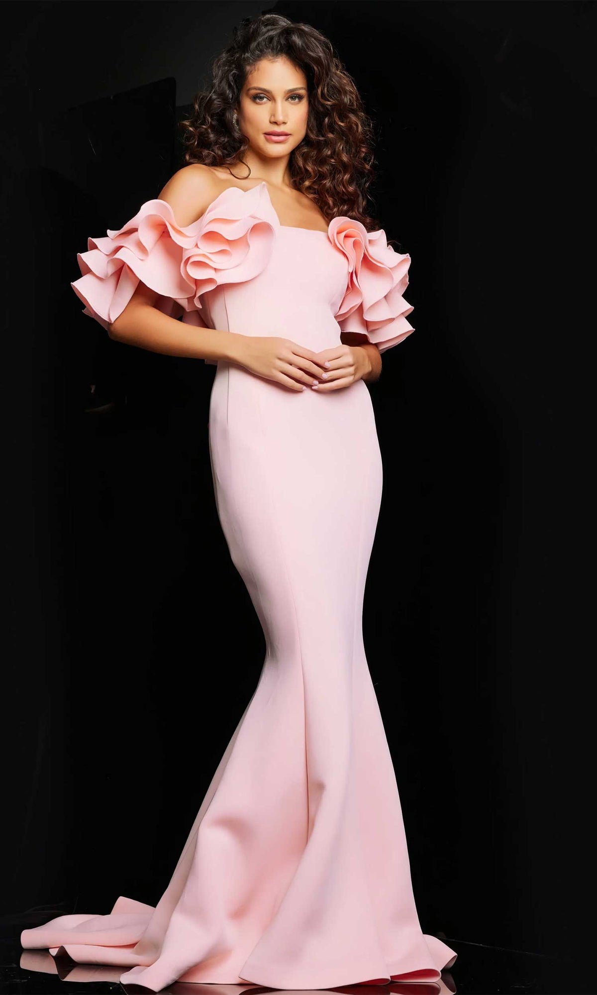 Jovani 24280 - Ruffle Off Shoulder Evening gown - Blush - Main