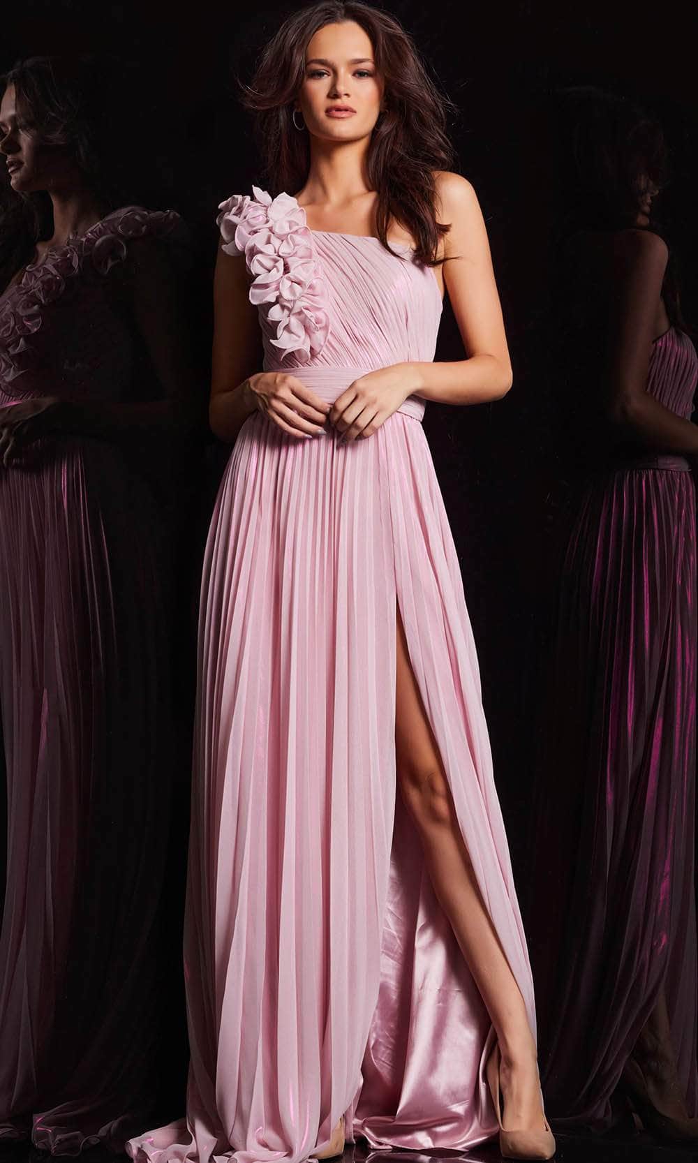 Jovani 24609 - Ruffled Shoulder Prom Gown - Light-Pink - Main