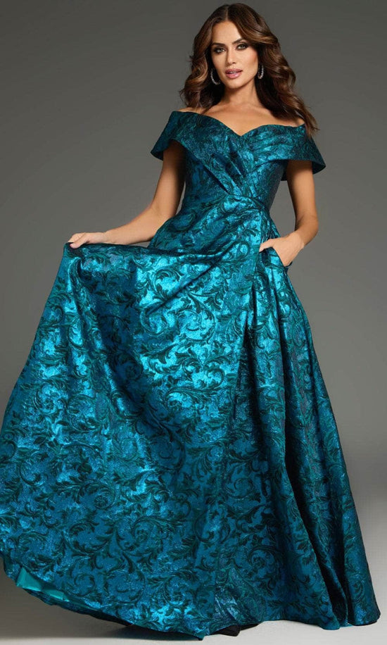 Jovani 25666 - Off-Shoulder A-Line Prom Gown - Peacock/Teal - Main