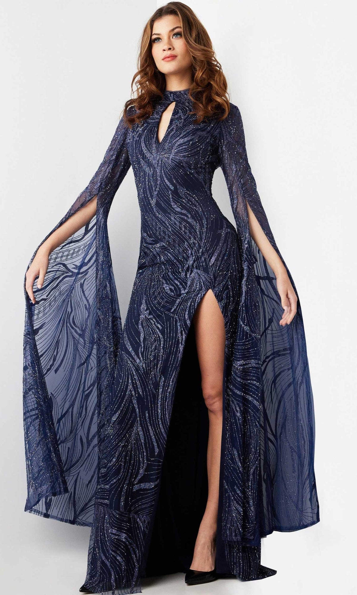 Jovani 26092 - Embellished Long Sleeve Prom Gown - Navy - Main