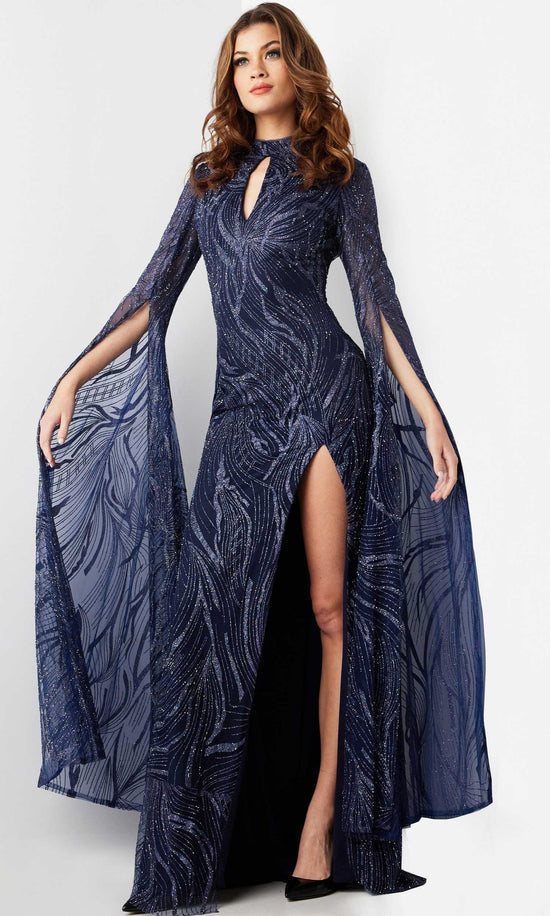 Jovani 26092 - Embellished Long Sleeve Prom Gown - Navy - Main