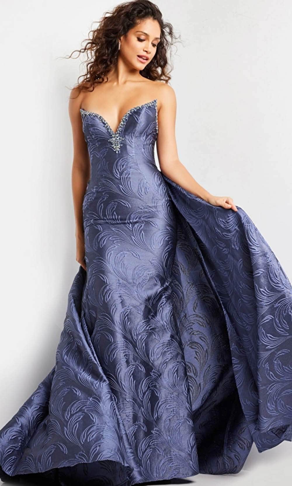 Jovani 26115 - Backless Overskirt Evening Gown - Grey/Blue - Main