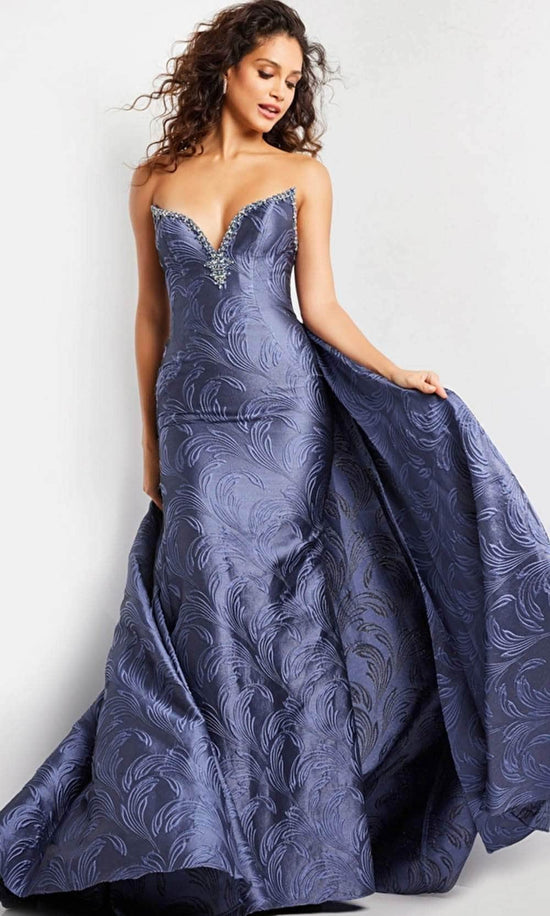 Jovani 26115 - Backless Overskirt Evening Gown - Grey/Blue - Main