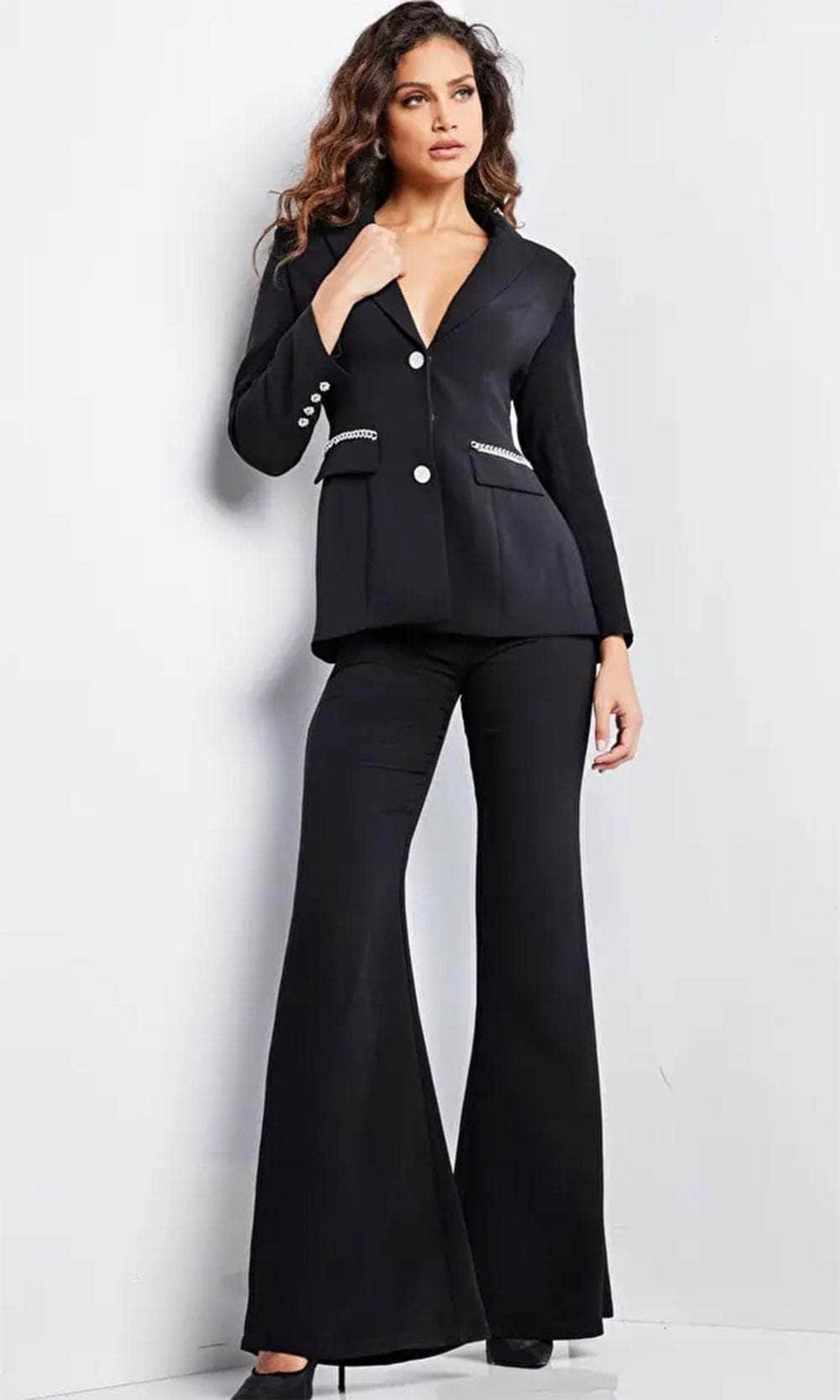 Jovani 26144 - Chain Detailed Long Sleeve Pantsuit - Black - Main
