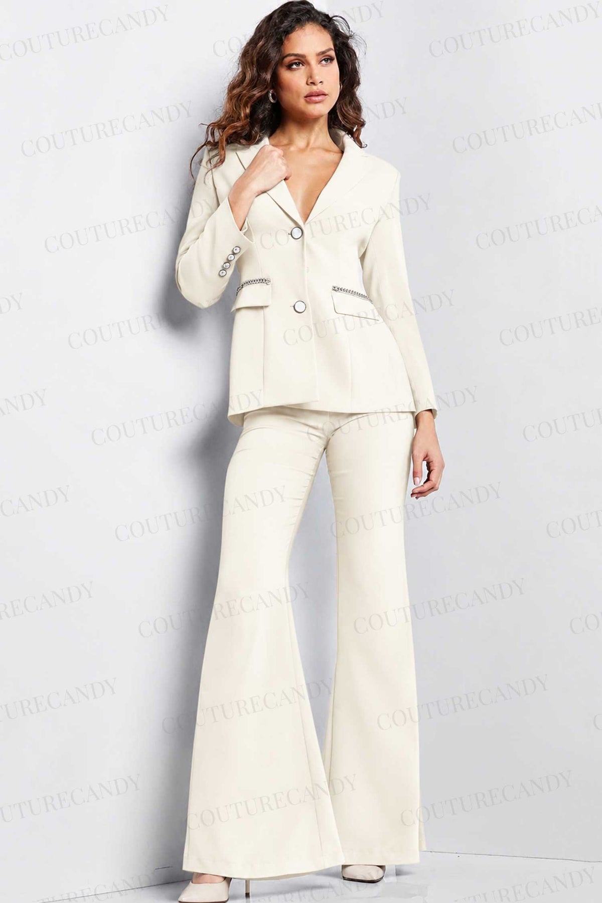 Jovani 26144 - Chain Detailed Long Sleeve Pantsuit