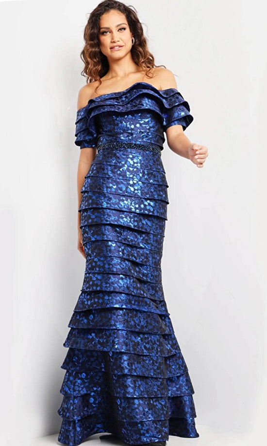 Jovani 26255 - Layered Off Shoulder Evening Gown - Royal - Main