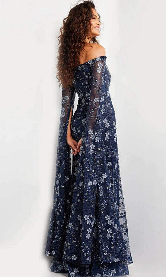 Jovani 26330 - Floral Embroidered Cape Long Gown